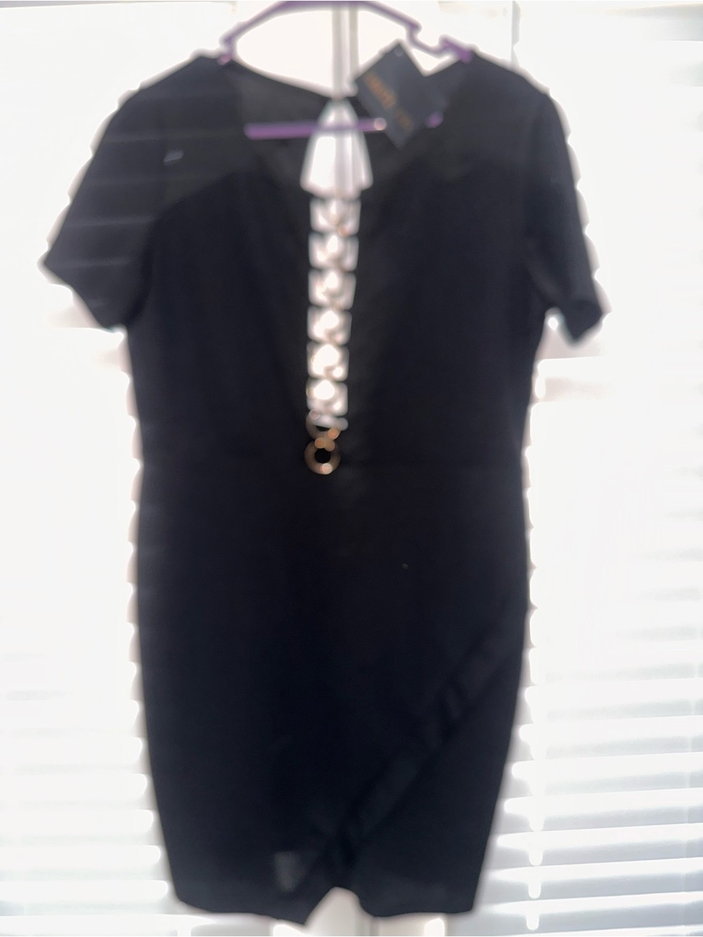Black Short Sleeve Sheath Dress with Decorative Gold Rings Front Trim